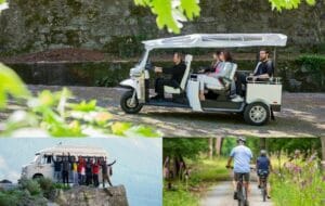 Layout com 3 imagens, uma com um tuk tuk com passageiros abordo, outra com uma carrinha e um grupo de pessoas com os braços no ar e uma última com duas pessoas a andar de bicicleta.