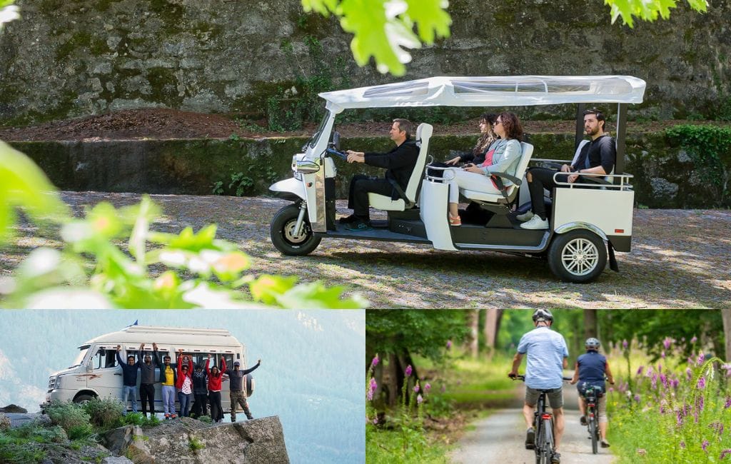 layout com 3 imagens, uma com um tuk tuk com passageiros, outra com uma carrinha e um grupo de pessoas com os braços no ar e uma última com duas pessoas a andar de bicicleta.