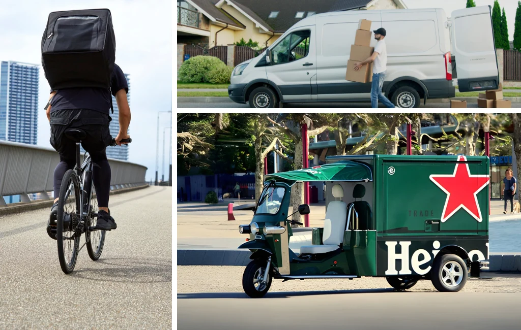 Layout com 3 imagens, uma com um tuk tuk l5 cargo, outra com uma carrinha de entregas e uma última com um estafeta de entregas em bicicleta